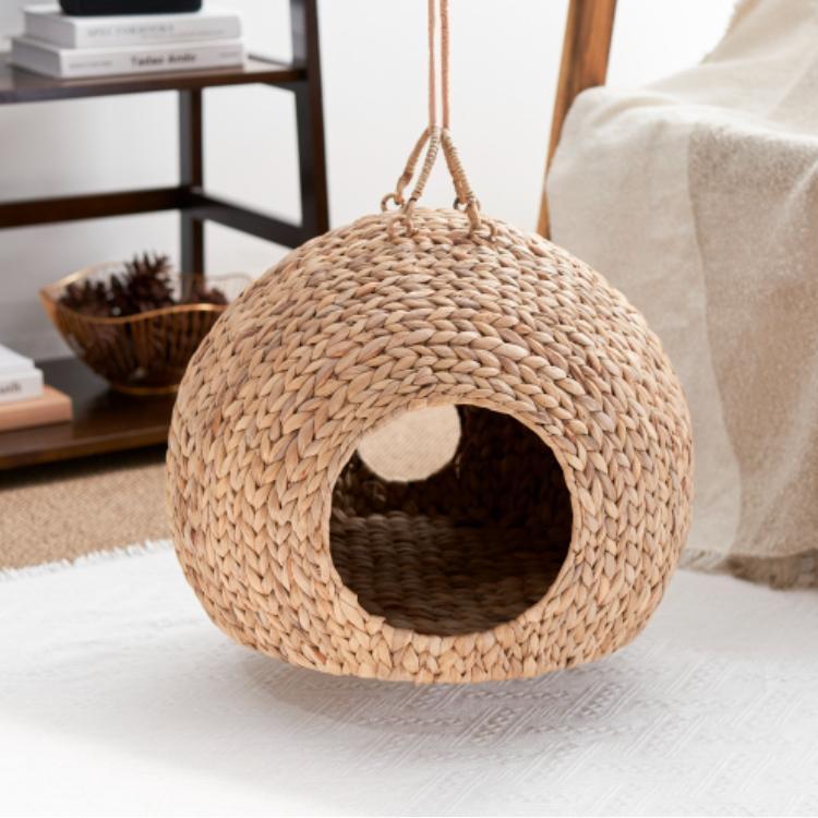 high quality custom logo natural seagrass cat cave bed small animals & dogs rattan pet hammocks with striped pattern accessory high quality custom logo natural seagrass cat cave bed small animals & dogs rattan pet hammocks with striped pattern accessory
